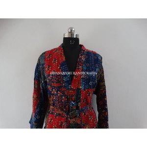 Ajrakh เสื้อคลุมอาบน้ำพิมพ์ลายหลากสี,ชุดคลุมอาบน้ำกิโมโนสไตล์ Kantha ผ้าห่มชุดนอนชุดเดรสยาวทำมือผ้าคอตตอน - Product Image 3