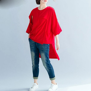 T-shirts pour femmes à col rond, appliques personnalisées avec logo, trous, teinture unie, vente en gros, 100% coton, polyester, décontracté, crocheté, denim, flanelle - Product Image 5