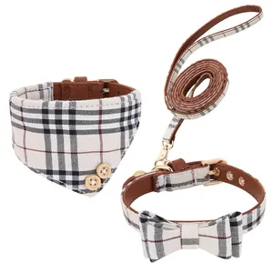 Amazon Hot-Sale verstellbare Hunde leine und Halsband Set Hund Bandana Halsband liefert klassische beige karierte Halsbänder und Leinen für Hunde