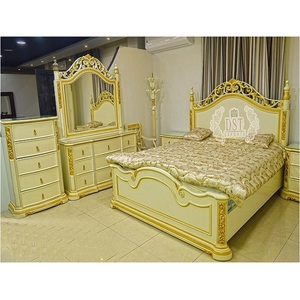 Ensemble de meubles de chambre à coucher en or impérial poli, ensemble de meubles de chambre à coucher de luxe couleur or, ensemble de meubles de chambre à coucher en bois massif taille king - Product Image 1