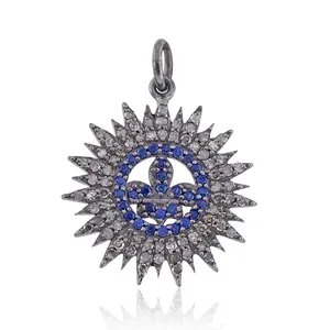 Doğal mavi safir taş okside 925 gümüş açacağı elmas Fleur De Lis Charm kolye tasarımcı Spike kolye takı