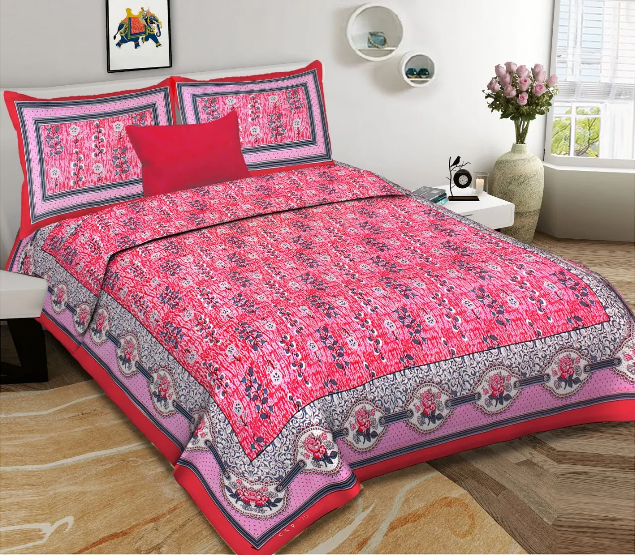 India hecha a mano 100% algodón Rajasthani sábana doble cama doble sábana con 2 funda de almohada