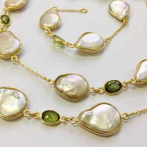 Everyday Wear 925 Sterling Silver <b>Gold</b> Plated Peridot and Baroque Pearl 90 Cms. Long Chain Necklace - Product Image 4