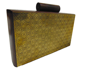 Fashionable Golden Finish Wood Clutch <b>Box</b> Purse Bags with <b>Canvas</b> Lining Chain Decoration Cover Closure 7 Inch Geometric Pattern - Product Image 1