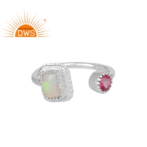 Anillo de plata de primera ley y topacio rosa para mujer, sortija abierta, plata esterlina 925, GEMA, Ópalo etíope, hecho a mano - Product Image 1