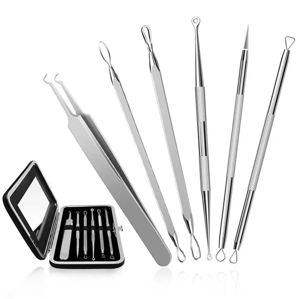 6Pcs set Stainless Steel Blackhead Remover Skin Care Kit Black Head Acne Pimple Extractor Beauty Tool With Leather Bag