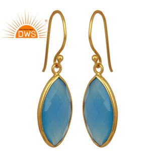 Nanette-pendientes chapados en oro hechos a mano con gancho de plata, proveedor de joyería, pendientes de piedras preciosas de Calcedonia azul facetados, venta al por mayor - Product Image 1