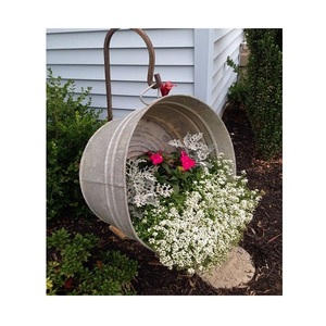 Galvanized <b>Planters</b> With Iron Stand Set Of Two Different Sizes Flower <b>Pot</b> For <b>Garden</b> Decor Accessories - Product Image 4