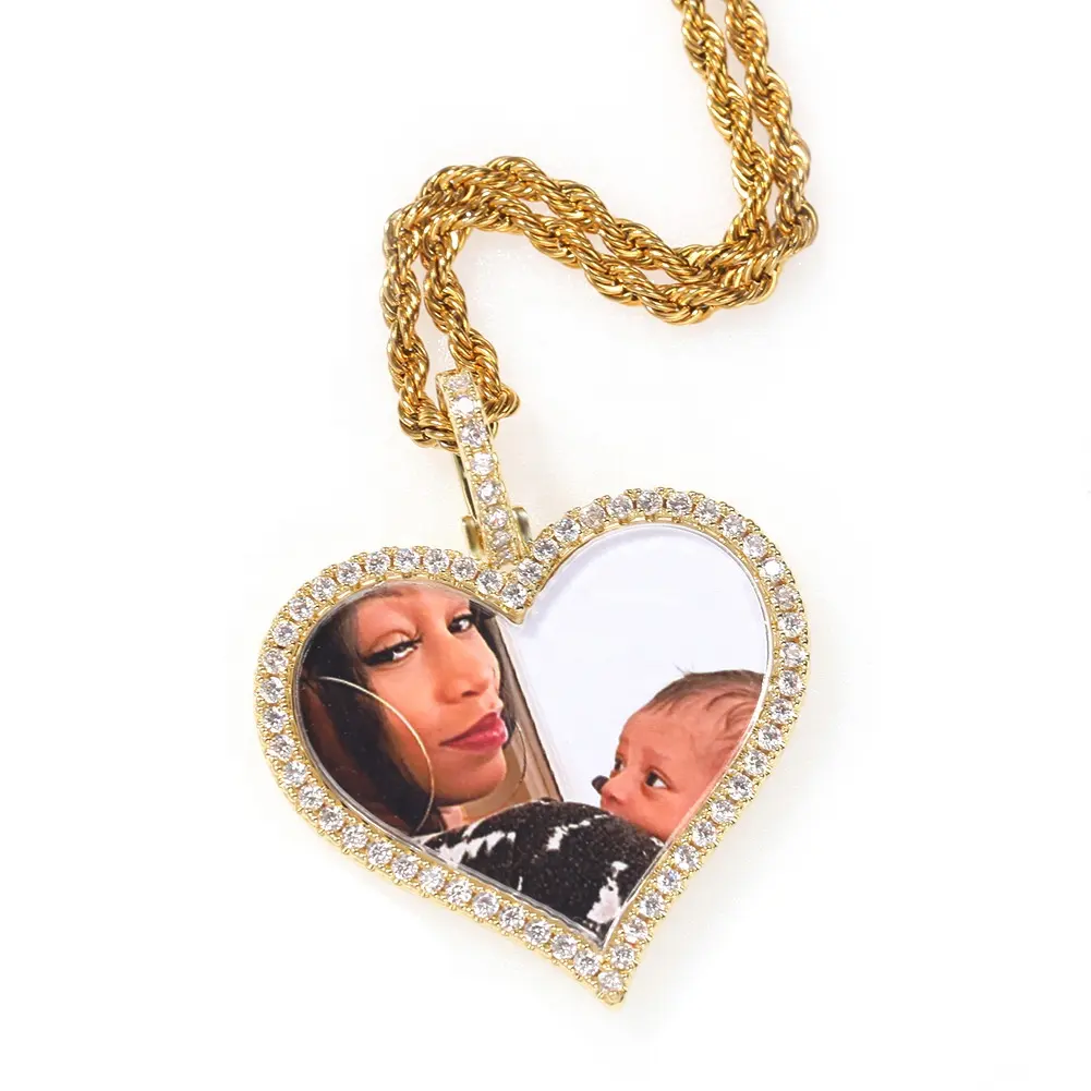 Firstmadam Pure 18k Gold Diamond Heart Pendant Necklace with Custom Photo