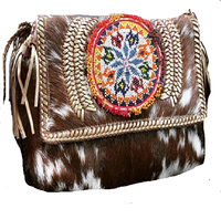 Pochette Bohème Artisanale en Cuir Véritable Marron Clair pour Femme, Sac à Bandoulière en Coton Naturel avec Broderie et Fermeture Éclair