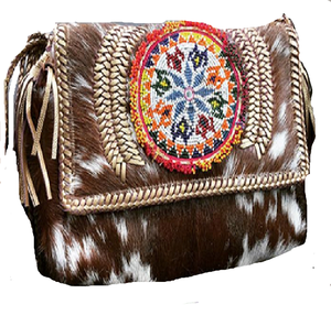 Pochette bohème artisanale en cuir véritable marron clair pour femme, sac à bandoulière en coton naturel avec fermeture éclair et fermoir - Product Image 1