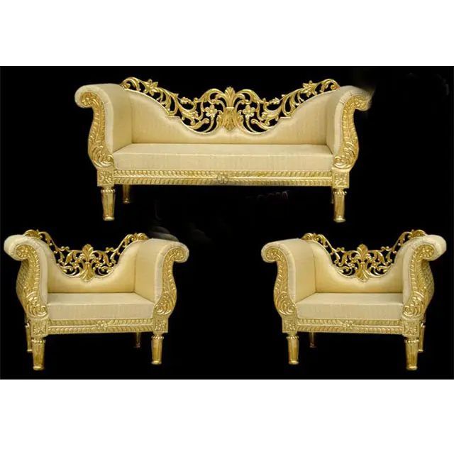 Conjunto de sofás de boda india, conjunto de sofás tallados de Metal real con sillas de diseño de Metal dorado