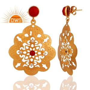 Pendientes de Coral Rojo y Circonita con Diseño de Filigrana, Chapados en Oro de 18k, Pendientes Colgantes de Moda, Fabricante de Joyería - Product Image 2