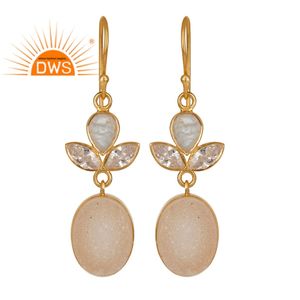Boucles d'oreilles de mariée Druzy blanc bijoux en laiton plaqué boucle d'oreille bijoux or fabricant indien fabuleux 18k jaune à la mode IN;27243 - Product Image 1