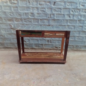 Table console en bois massif |   Meubles de salon rustiques et industriels |   Commode de style villa avec dessus en métal et tiroirs récupérés pour l'entrée ou le couloir - Product Image 2