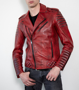 Chaqueta de cuero de oveja para hombre, estilo motorista Rojo, al mejor precio, venta al por mayor, en Pakistán - Product Image 4