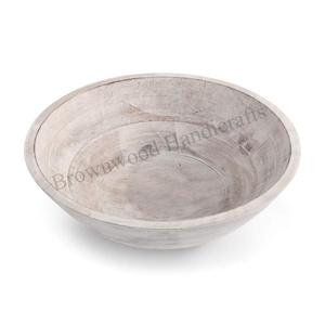 Bol de service rond fait à la main en bois de manguier massif blanc vieilli bol décoratif de conception artistique de l'Inde pour le service et la présentation - Product Image 1