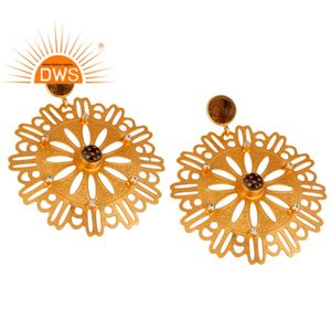 Pendientes de piedras preciosas de cuarzo ahumado de circón, venta al por mayor, diseñador de filigrana, Pendientes colgantes chapados en oro de latón, joyería, Colección clásica - Product Image 2