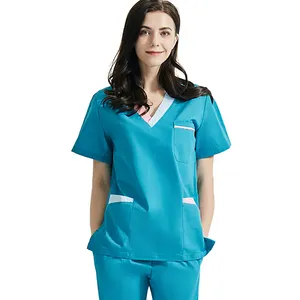 핫 세일 의사 유니폼 의료 간호 스크럽 유니폼 클리닉 스크럽 세트 짧은 소매 탑스 바지 여성 간호사 유니폼