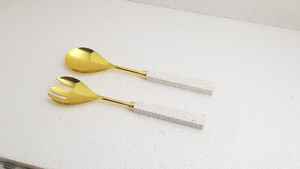 เครื่องมือเสิร์ฟสลัดชุบทอง18/8มีด้ามจับไม้และเรซิน - Product Image 2