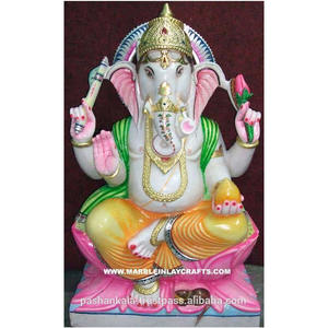 Exclusiva y Hermosa Estatua de Shri Ganesh Ji en Mármol Blanco, Colorida, en Posición Sentada con Mano de Bendición, para Templo, Venta al por Mayor - Product Image 1