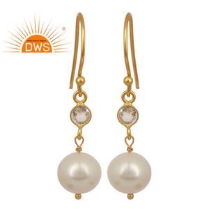 Natural Round White Pearl Earrings Manufacturer of 18k Yellow Gold Plated Silver Dangle Drop Earrings Supplier Jewelry - Product Image 1