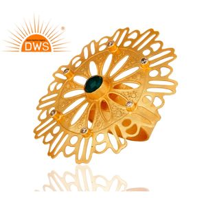 Bague en laiton indien plaqué or, pierre précieuse verte naturelle de Onyx, vente en gros de bijoux, Design Floral CZ, modèle - Product Image 2