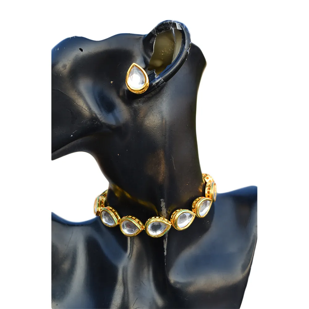 Indan all'ingrosso 2022 ultima moda tradizionale placcato in oro kundan a forma di pera perline collana girocollo set per donna e ragazza