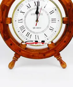 Jam dinding roda kapal kuningan kayu padat 18 "Porthole dekorasi bahari Jam roda kapal dekorasi perahu kayu bahari.
