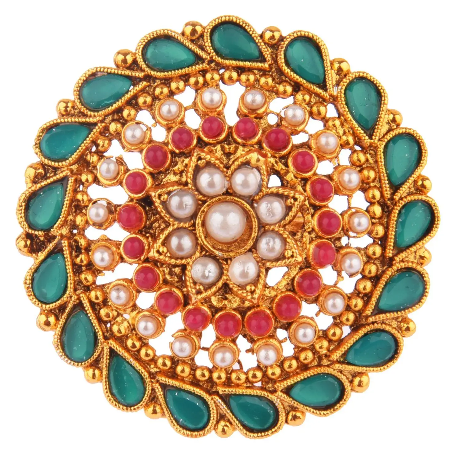 Nhẫn Ấn Độ Truyền Thống Mạ Vàng Cổ Pha Lê Kundan Faux Pearl Vòng Lớn Có Thể Điều Chỉnh Cho Nữ, Màu Xanh Lá Cây