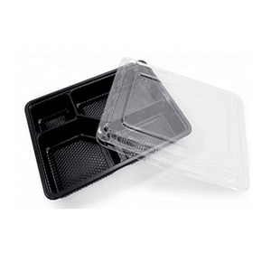 Disposable Plastic Food Container with <b>Clear</b> Lid 1 2 3 4 Compartments Black PP Container - Product Image 2