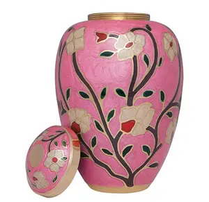 Rose Funeral Cremation Urn with enameled Flowers Pink Fleur Model in Brass for Human Ashes Suitable for Cemetery Burial Large