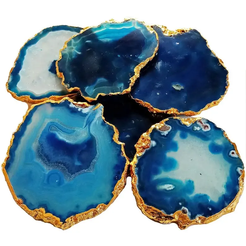 Blau Achat Untersetzer Mit Gold Tonte Rand Geode Untersetzer Handgemachte für Geschenke und Wohnkultur