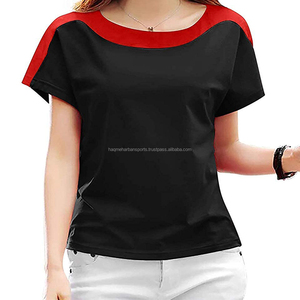 Camiseta de Manga Corta para Mujer HMS, Diseño Color Block, Negro y Rojo, Cuello Redondo, Casual, Transpirable, Poliéster, Corte Regular, Talla Adulto, 180g, con Logotipo - Product Image 1
