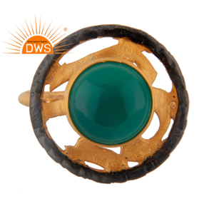 Hot Selling Fashion Ring Wholesale Green Onyx Gemstone 22k <b>Gold</b> Plated Handmade Brass Ring Jewelry Supplier - Product Image 1