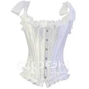 COSH CORSET Overbust Steelboned White Satin Waist Training Burlesque Party And Bridal Wear Corset With Jacquard Frill And Straps