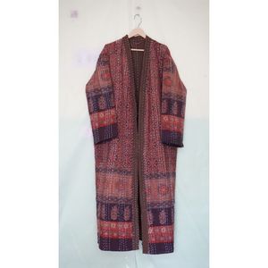 Indian Handmade Kantha <b>Coat</b> Winter Jacket Pocket Hand <b>Stitched</b> Floral Pattern Robe Multi-Colored Cotton Kimono for Beach Wear - Product Image 2