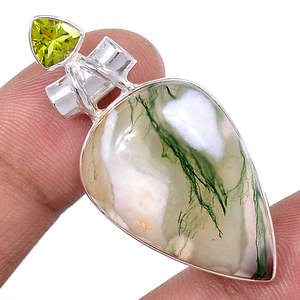 Hermosa Plata de Ley 925 pera corte brillante musgo ágata indio y peridoto piedra preciosa colgante plata esterlina joyería hecha a mano - Product Image 1