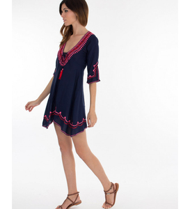 Verano moda mujer 1 pieza encaje cuello redondo rayón bordado ligero transpirable playa túnica - Product Image 2