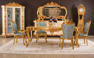 Ensemble de meubles de salle à manger en bois, vintage, classique, décor antique, table à manger avec chaises, en feuille d'or, 8 places - Product Image 4