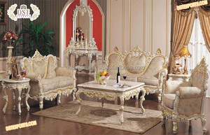 Conjunto de sofá tallado para sala de estar, conjunto de muebles de madera de teca tallada completa, color blanco y dorado, cómodo - Product Image 2