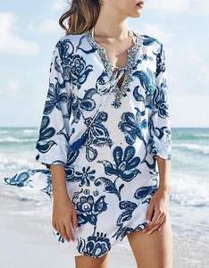 Natural estampado Floral túnica de las mujeres de playa estilo de la ropa de las mujeres de manga larga para Resort ropa cubierta Tops - Product Image 1