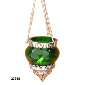 Bougeoir en verre le plus demandé pour cadeau d'anniversaire Lampe chauffe-plat suspendue en laiton argenté et verre vert - Product Image 1