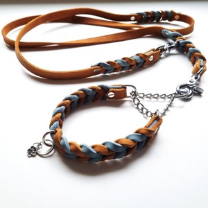 Adjustable Fat Leather <b>Leash</b> / Also As a Set with Different Collar Variants / cognac Ice Blue Silver / Model Cosie - Product Image 1