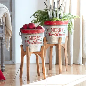Metal Christmas Planters With Wooden Stand