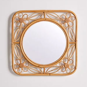 Vintage Style Woven <b>Square</b> Rattan Flower Pattern <b>Mirror</b> Home Decor Boho Rattan Wall Decor for Hotels and Restaurants - Product Image 1