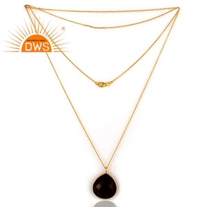 Women's Smoky Quartz Gemstone Pendant Gold Plated 925 Silver long Chain Pendant Necklace Jewelry Supplier - Product Image 2