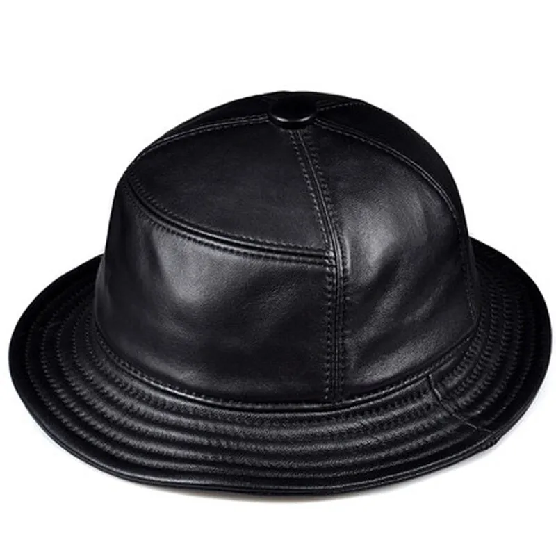 Korean Fashion Unisex Genuine Leather Bucket Hats Men Women Casual Fishing Caps Male Fitted Black Basin Cap