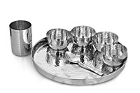 Service de table international King en acier inoxydable avec poignée en cuivre, service de table traditionnel comprenant un plateau Thali, 14 bols en verre et une cuillère