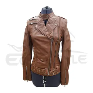 Winter Leather Womens Jacket Long Sleeves Multi Pockets Brown Biker Jacket Mandarin Collar XL Fitted Biker Jacket For Women